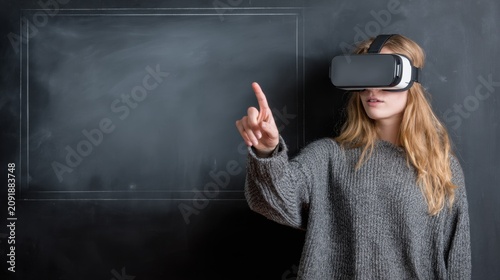 Virtual reality education concept, student wearing VR headset in front of chalkboard, immersive learning technology
