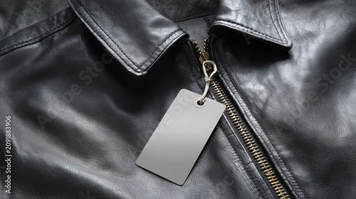 Black leather jacket with blank price tag, close up of zipper and collar on premium leather outerwear, empty clothing label for branding mockup