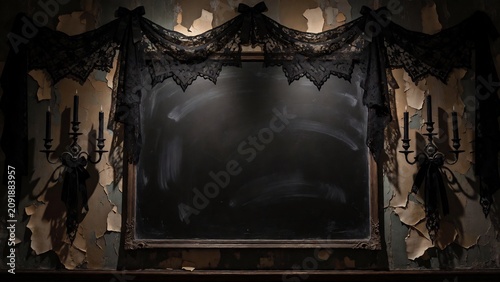 Gothic Blackboard with Black Lace Drapes and Candle Holders on Peeling Wallpaper Wall for Dark Moody Halloween Event Invitation Background with Empty Center Copy Space for Text