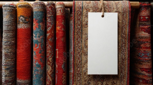 Vintage Persian rugs with blank price tag mockup, traditional oriental carpets in showroom, woven textile shop display with white paper label