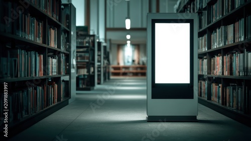 Digital kiosk mockup in library, blank white screen totem in public university hall, vertical billboard display for advertising and information