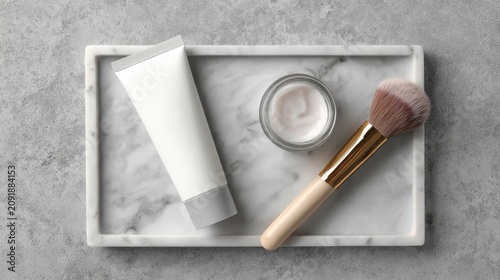 Minimalist skincare mockup on marble tray, blank white cosmetic tube and face cream jar, luxury beauty products with makeup brush on stone background