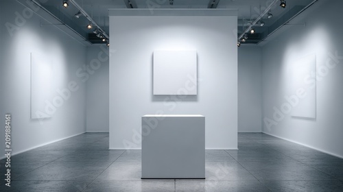 Minimalist art gallery interior with blank square canvas and pedestal, modern museum exhibition hall mockup, white studio showroom with spotlights