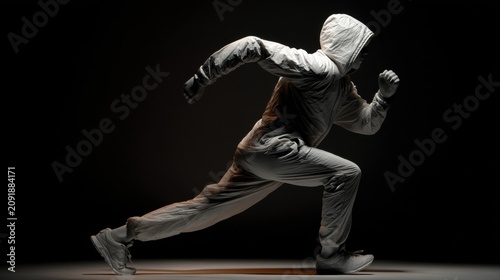 Dynamic runner in white hoodie sprinting, athletic man in motion against dark background, cinematic sports photography of fast male jogger