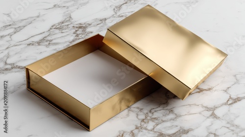 Luxury gold gift box mockup on white marble surface, elegant open metallic packaging for jewelry, premium golden cardboard box for branding