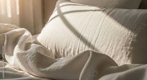 Soft White Pillow Resting on Rumpled Bed Linen in Warm Morning Sunlight