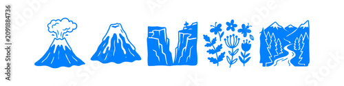 Photos Minimalist blue nature icon set including an erupting volcano, snow-capped mountain, canyon, floral elements, and a river landscape in a rustic hand-drawn linocut style