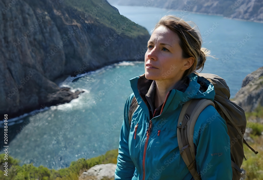 Fototapeta premium Solo female hiker standing on cliffside overlooking sea