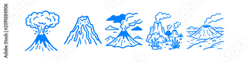Bild auf Leinwand Set of blue hand-drawn volcano line art illustrations