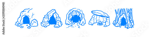 Photos A collection of five blue line art sketches of various cave entrances and rocky shelters, ranging from simple mountain openings to prehistoric dwellings with campfires and stalactites