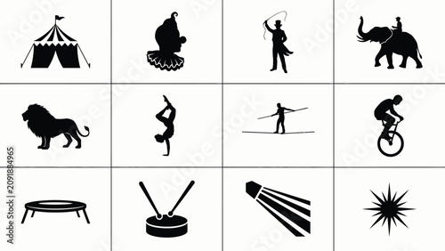 Photos Classic silhouette icons of circus performers and acts in bold black with minima