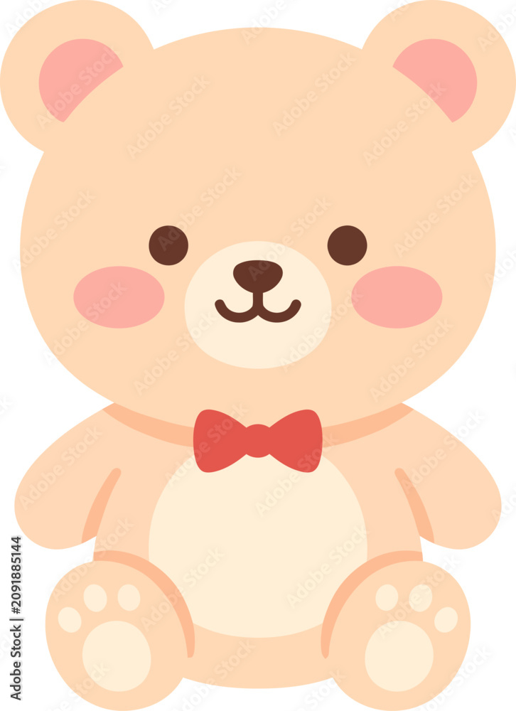 Obraz premium Teddy bear sits in a soft pose wearing a red bowtie to represent a classic nursery or gift concept.