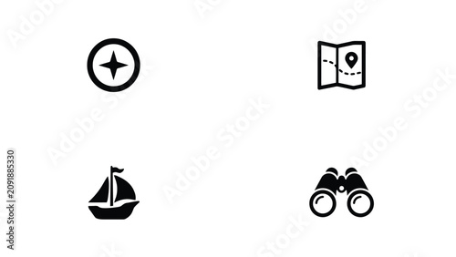 Foto Minimalist travel adventure icons set with compass map sailboat and binoculars f