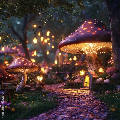 Enchanted Mushroom Village at Night with Glowing Lights.