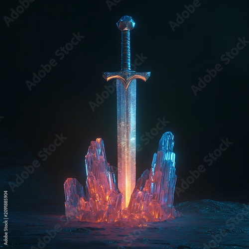 Enchanted Sword in Glowing Crystal Formation on Dark Background.