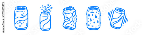 Quadro su tela Blue doodle icons of soda cans in various states: sealed, splashing, crushed, chilled, and shaking