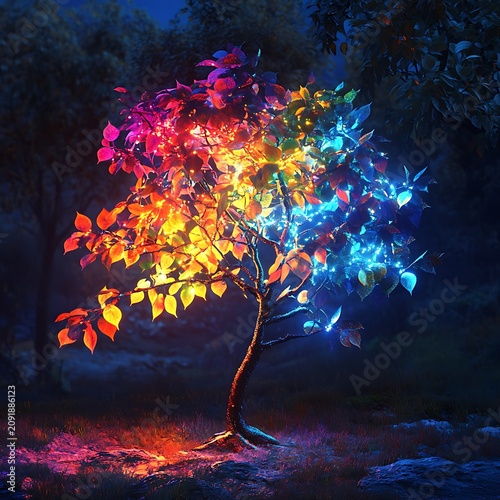 Enchanted Tree Radiating Vibrant Rainbow Colors in a Mystical Forest Setting.
