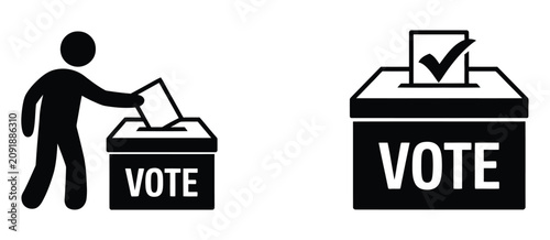 Картината върху платно Voting Process Icon Featuring Voters in Booths, Ballot Box, Election System, and Editable Vector Illustration