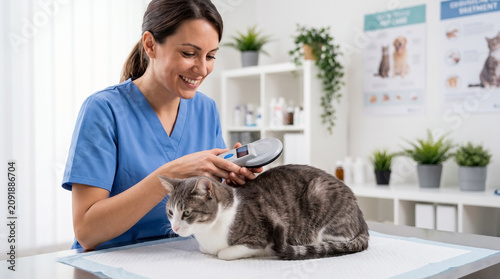 Microchipped cat at vet clinic receiving wellness check by veterinarian with scanner. Professional vet examines furry patient closely while ensuring microchip functionality and health assessment.