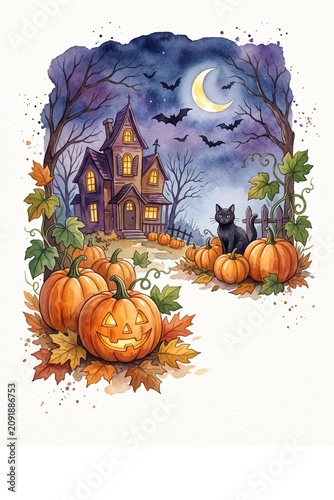 Watercolor Halloween pumpkin patch, haunted house, black cat, and crescent moon night scene.