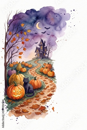 Cozy fall illustration, Jack o lantern, spooky house, bats, and autumn leaves watercolor.