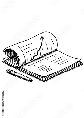 Notebook with graph, analytical mood, writing reports, monochrome style