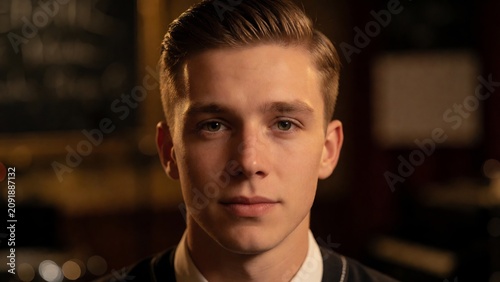 Portrait of a Young Man with Stylish Haircut Facing Camera in Dimly Lit Setting Professional Headshot of a Confident Male Subject Featuring Natural Lighting and Soft Focus Background Details