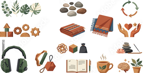 Tableau sur toile Neurodiversity support icons in earth tones featuring sensory tools, fidget toys