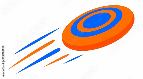Orange and blue frisbee flying dynamically with motion blur effect, representing outdoor recreational sports, play, and summer leisure activities, isolated vector illustration.