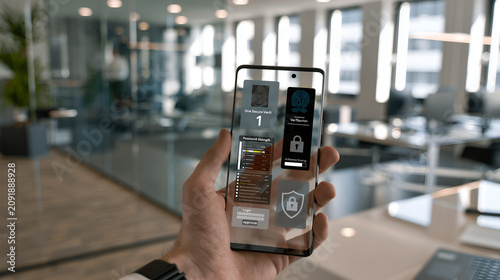 Smartphone holding hand displaying futuristic biometric security verification interface with fingerprint identification and digital padlock icons in a bright modern corporate office glass meeting room