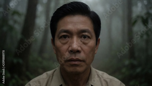 Serious Asian Man Portrait in Misty Forest Setting Featuring Intense Expression and Dramatic Lighting for Atmospheric Cinematic Storytelling and Emotional Visual Content Concept