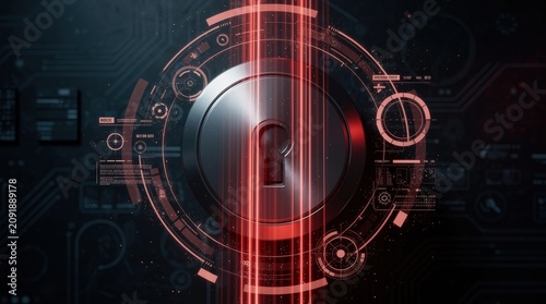 A futuristic digital lock with a keyhole, surrounded by holographic security data and circuits, symbolizing advanced cybersecurity and data protection.