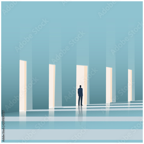 A businessman standing in front of several closed doorways.