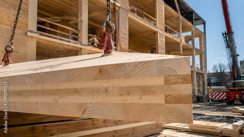 Heavy  cross laminated timber beam suspended by crane at a modern sustainable wood construction site under clear blue sky during a sunny day of building work