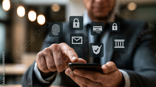 Cybersecurity professional using a smartphone to interact with digital security icons representing data protection, privacy, identity verification, financial safety, and secure online banking system a