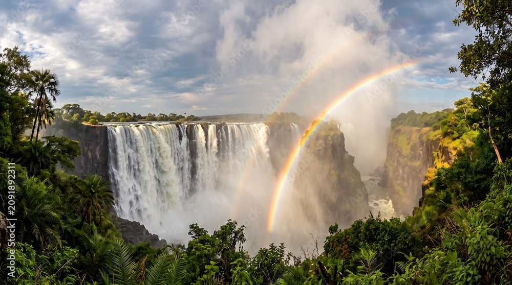 Fototapeta premium Panoramic landscape of Victoria Falls featuring double rainbow mist and lush green forest under cloudy sky