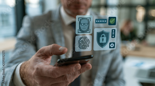 Biometric authentication interface showing a businessman using a smartphone with digital face recognition fingerprint scanning and secure shield icons for modern corporate cyber data protection