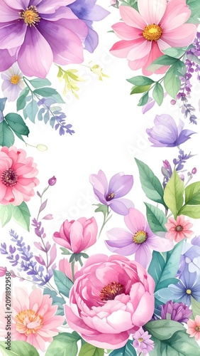 Vibrant Watercolor Floral Border with Pink Peony and Purple Blooms