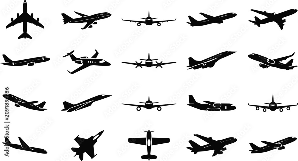 Fototapeta premium Collection of Various Airplane Silhouettes Featuring Commercial Passenger Jets and Military Fighter Aircraft Vector Icons