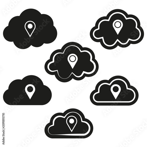 Cloud location pin feature black vector set. This simple internet map complements abstract modern tech navigation.