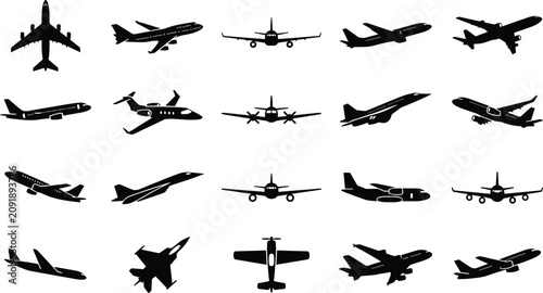 Quadro su tela Collection of Various Airplane Silhouettes Featuring Commercial Passenger Jets a