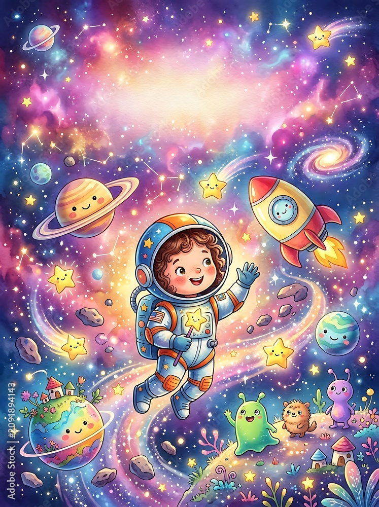 Naklejka premium Astronaut, Space, Kids, Cartoon, Colorful Galaxy, Stars, Planets, Rocket Ship