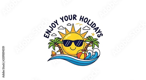 Smiling Cartoon Sun Wearing Sunglasses with Palm Trees and Ocean Wave Vacation Scene