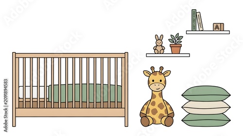 Cute nursery scene with crib, giraffe toy, and decorative pillows.
