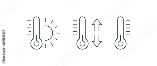 Photography Thermometer icons depicting sunny hot weather, fluctuating temperature levels with up and down arrows, and a basic degree gauge for climate control vector illustration