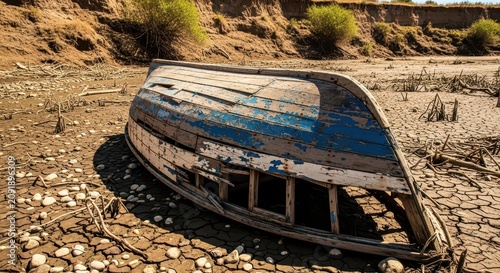 Overturned Wooden Fishing Boat Wreckage on Dry Ground