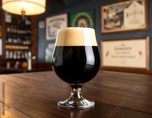 Dark Craft Stout Beer with Creamy Foam on Wooden Bar Counter in Cozy Pub Interior
