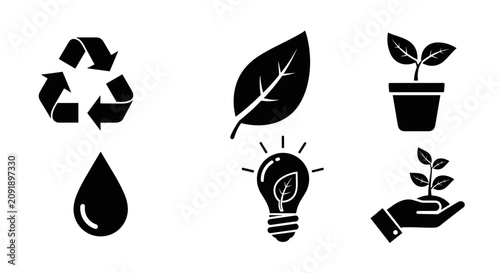 Sustainable Environmental Ecology Icons Set Featuring Recycling Leaves And Renewable Energy Symbols