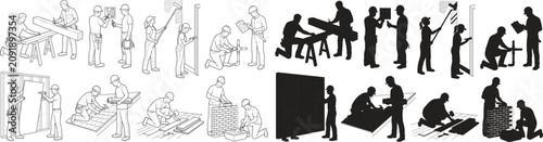 Construction workers silhouette vector collection with carpentry masonry installation and renovation activity pose set