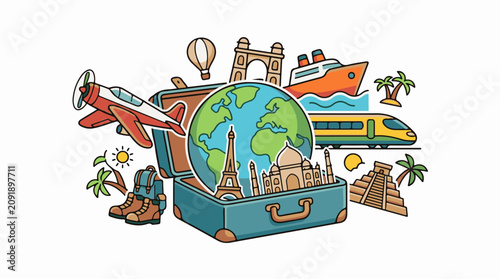 Open suitcase filled with world landmarks and travel icons